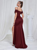 Maricia Off Shoulder Mesh Patchwork Burgundy Gown Dress