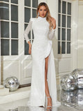 Effie Pearls Beaded Long Sleeve Sequins Gown Dress