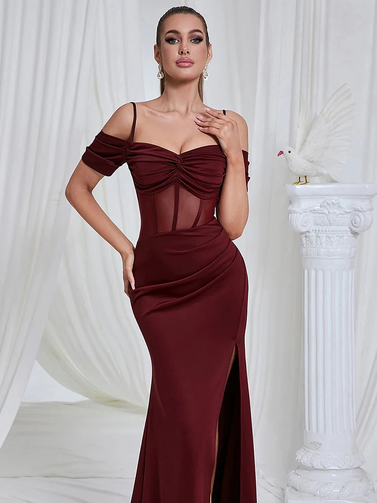 Burgundy - Maricia Off Shoulder Mesh Patchwork Burgundy Gown Dress SunsetFashionLA Burgundy - Maricia Off Shoulder Mesh Patchwork Burgundy Gown Dress SunsetFashionLA