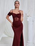 Maricia Off Shoulder Mesh Patchwork Burgundy Gown Dress