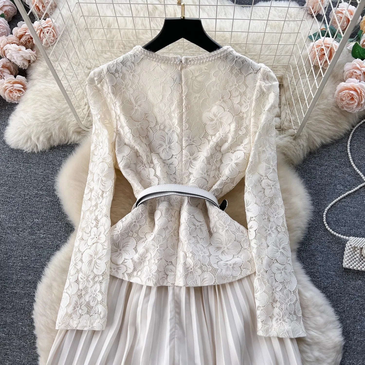 Beige - Chiffon Pleated Dress Magdalena with Lace Patchwork SunsetFashionLA Beige - Chiffon Pleated Dress Magdalena with Lace Patchwork SunsetFashionLA