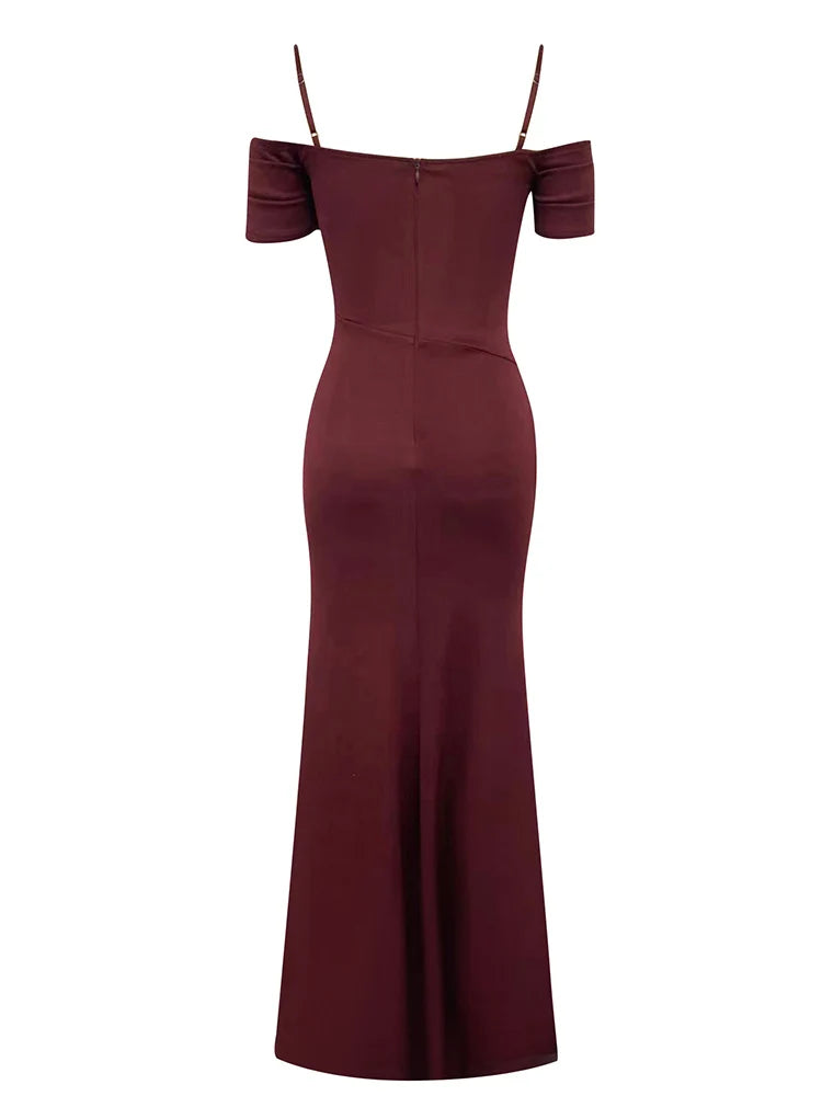 Maricia Off Shoulder Mesh Patchwork Burgundy Gown Dress - Burgundy / XS Maricia Off Shoulder Mesh Patchwork Burgundy Gown Dress - Burgundy / XS