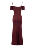 Maricia Off Shoulder Mesh Patchwork Burgundy Gown Dress