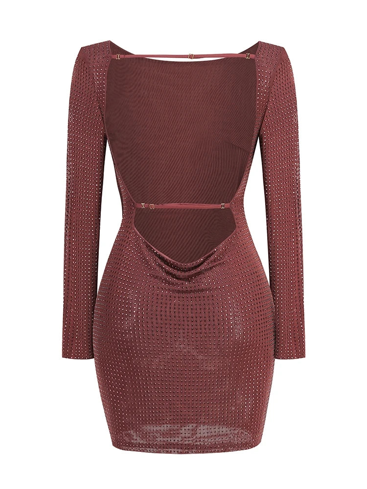 Burgundy - Althea Long Sleeve Backless Mesh Rhinestone Mini Dress SunsetFashionLA Burgundy - Althea Long Sleeve Backless Mesh Rhinestone Mini Dress SunsetFashionLA