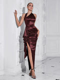 Shirley Halter High-Low Burgundy Dress