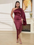 Rosalie One Shoulder Fringe Hem Satin Dress