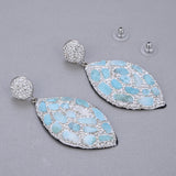 Natural Blue Larimar Silver Color Rhinestone Pave Dangle Earrings