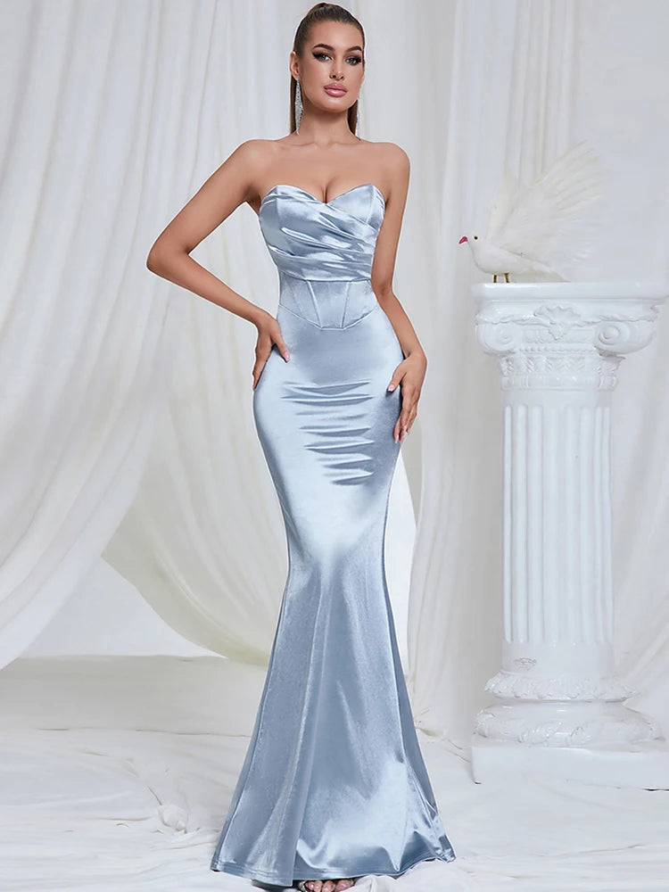 Light Blue - Naia Strapless Satin Mermaid Gown Dress SunsetFashionLA Light Blue - Naia Strapless Satin Mermaid Gown Dress SunsetFashionLA