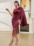 Rosalie One Shoulder Fringe Hem Satin Dress