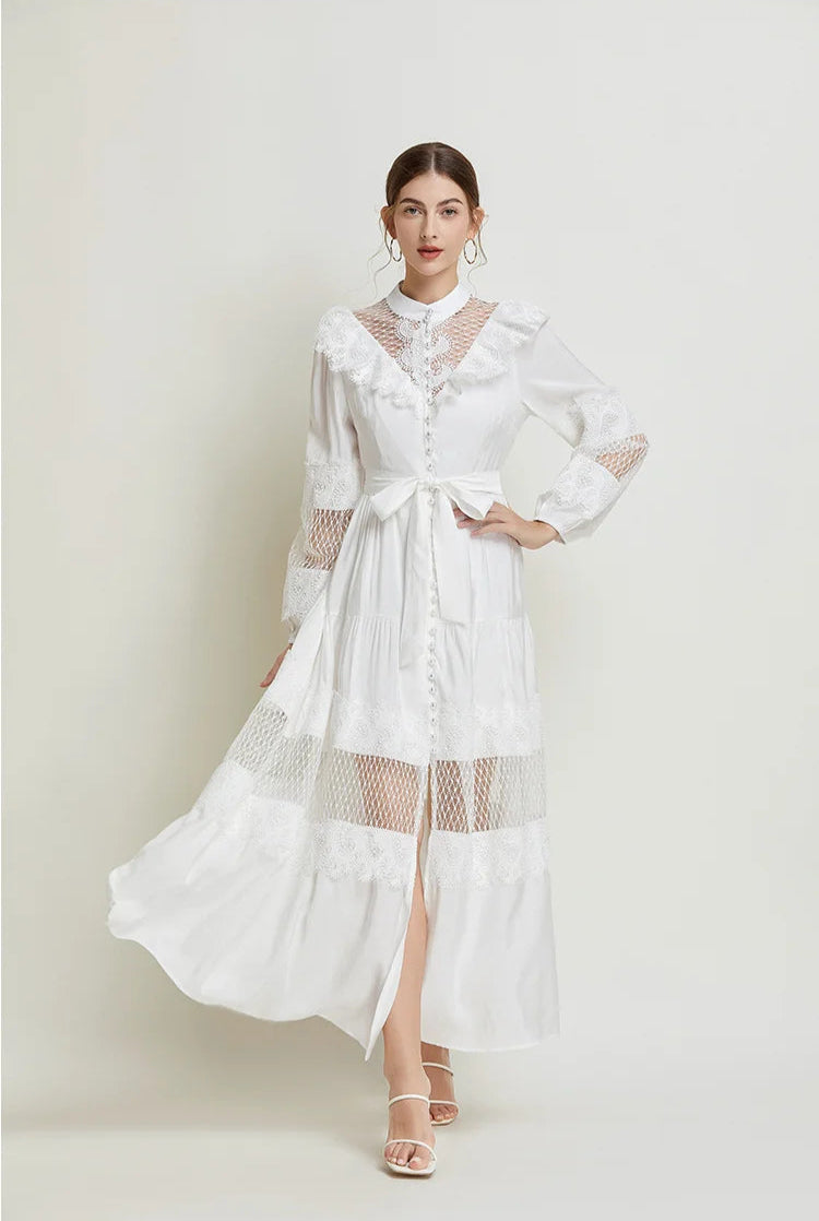 White - Gricely Long Sleeve Lace Patchwork Maxi Dress SunsetFashionLA White - Gricely Long Sleeve Lace Patchwork Maxi Dress SunsetFashionLA
