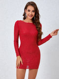 Althea Long Sleeve Cowl Back Mesh Rhinestone Mini Dress