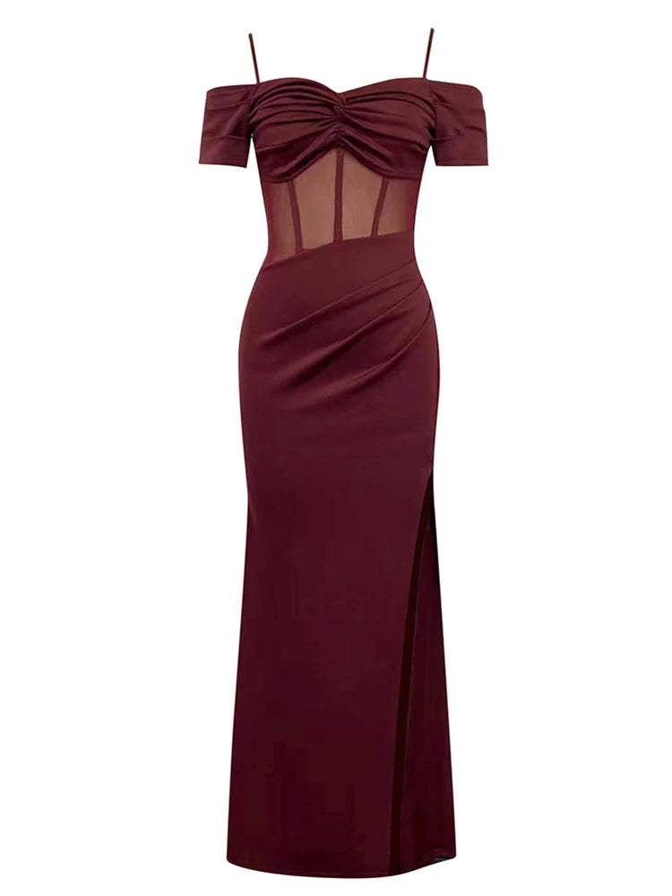 Burgundy - Maricia Off Shoulder Mesh Patchwork Burgundy Gown Dress SunsetFashionLA Burgundy - Maricia Off Shoulder Mesh Patchwork Burgundy Gown Dress SunsetFashionLA