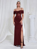 Maricia Off Shoulder Mesh Patchwork Burgundy Gown Dress