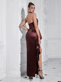 Shirley Halter High-Low Burgundy Dress