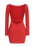 Althea Long Sleeve Cowl Back Mesh Rhinestone Mini Dress