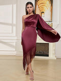 Rosalie One Shoulder Fringe Hem Satin Dress