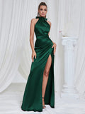 Giovanna Halter Satin High Slit Gown Dress