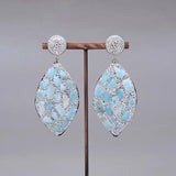 Natural Blue Larimar Silver Color Rhinestone Pave Dangle Earrings