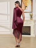 Rosalie One Shoulder Fringe Hem Satin Dress