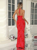 Ysabella Mesh Halter Floral Applique Gown Dress