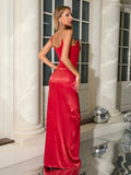 Saffina One Shoulder Red Satin Gown Dress with Sequin and Rhinestone Details