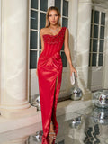 Saffina One Shoulder Red Satin Gown Dress with Sequin and Rhinestone Details