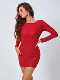 Althea Long Sleeve Cowl Back Mesh Rhinestone Mini Dress