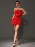 Orenda Strapless Red Flower Applique Dress