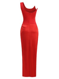 Saffina One Shoulder Red Satin Gown Dress with Sequin and Rhinestone Details