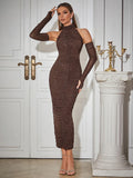 Trixie Mesh Ruched Sequin Long Sleeve Maxi Dress With Gloves