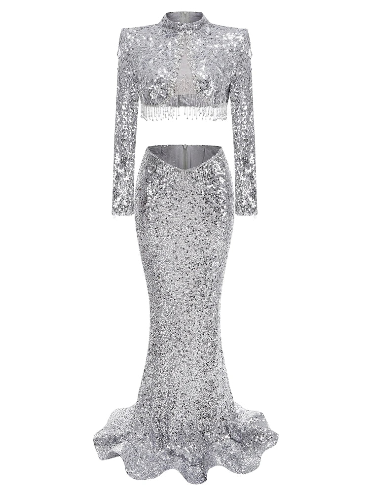 Silver - Jaylene Sequin Rhinestone Two Piece Set Dress SunsetFashionLA Silver - Jaylene Sequin Rhinestone Two Piece Set Dress SunsetFashionLA