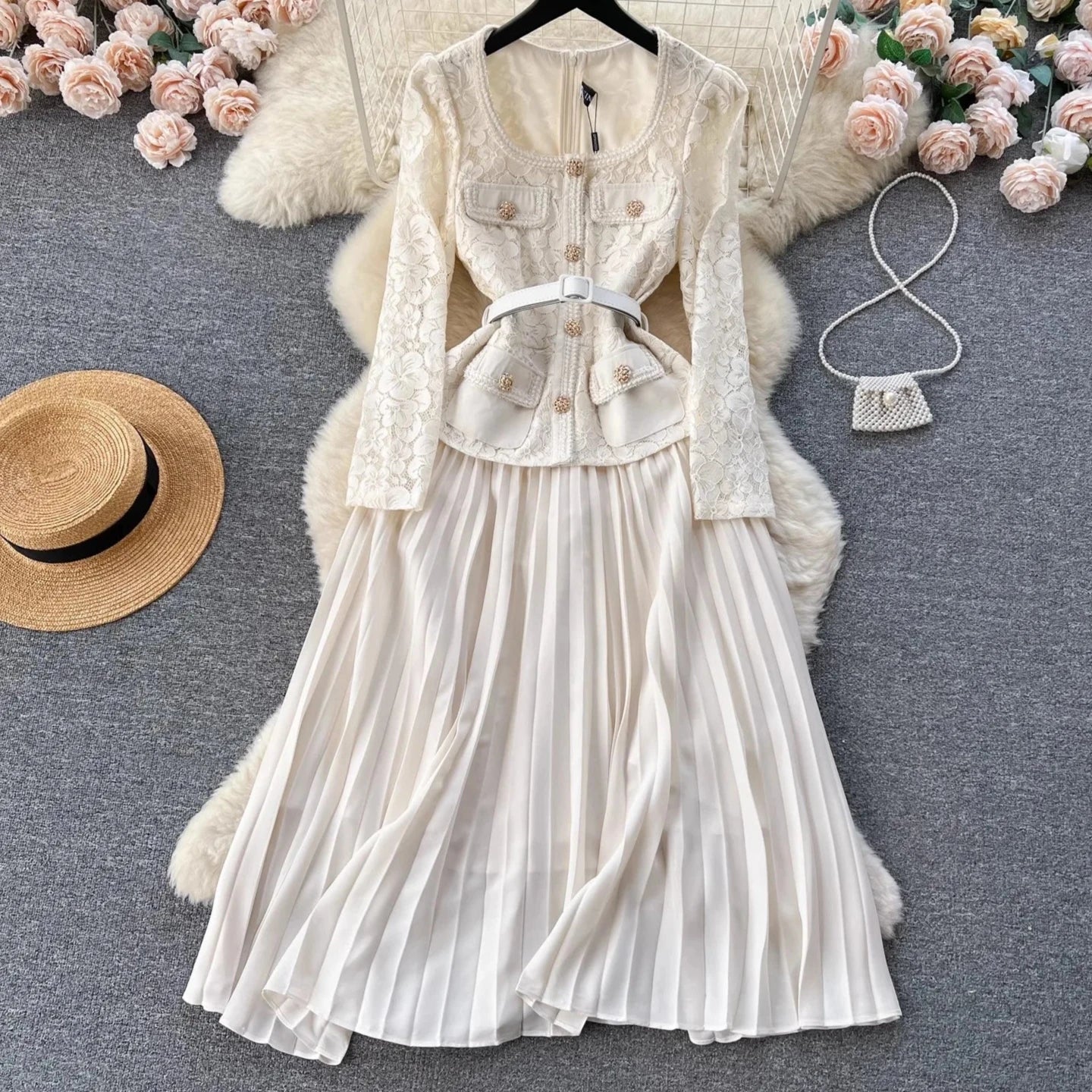 Beige - Chiffon Pleated Dress Magdalena with Lace Patchwork SunsetFashionLA Beige - Chiffon Pleated Dress Magdalena with Lace Patchwork SunsetFashionLA