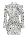 Maris Long Sleeve Silver Sequin Rhinestone Collar Dress