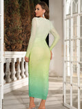 Jessica Long Sleeve Gradient Mesh Rhinestone Dress