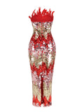 Yvaine Strapless Feathers Sequin Red Dress