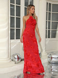 Ysabella Mesh Halter Floral Applique Gown Dress