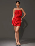 Orenda Strapless Red Flower Applique Dress