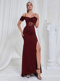 Maricia Off Shoulder Mesh Patchwork Burgundy Gown Dress