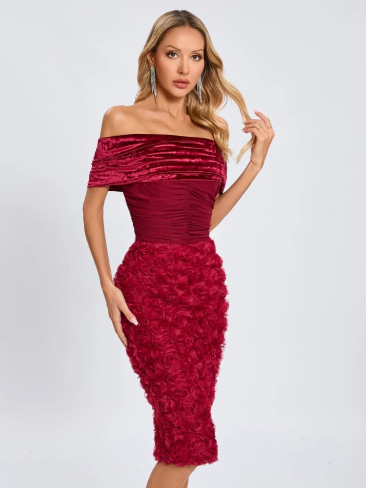 Della Off The Shoulder Velvet Flower Patchwork Mesh Dress - Red / L Della Off The Shoulder Velvet Flower Patchwork Mesh Dress - Red / L