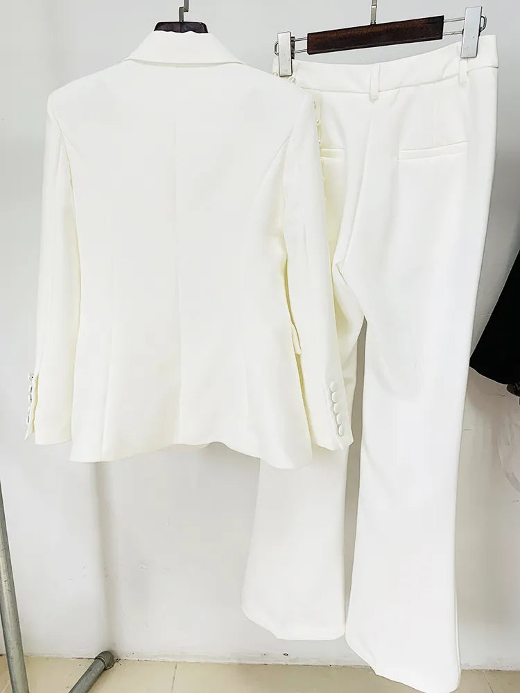 White Pants and Blazer with Pearls Two Piece Set
