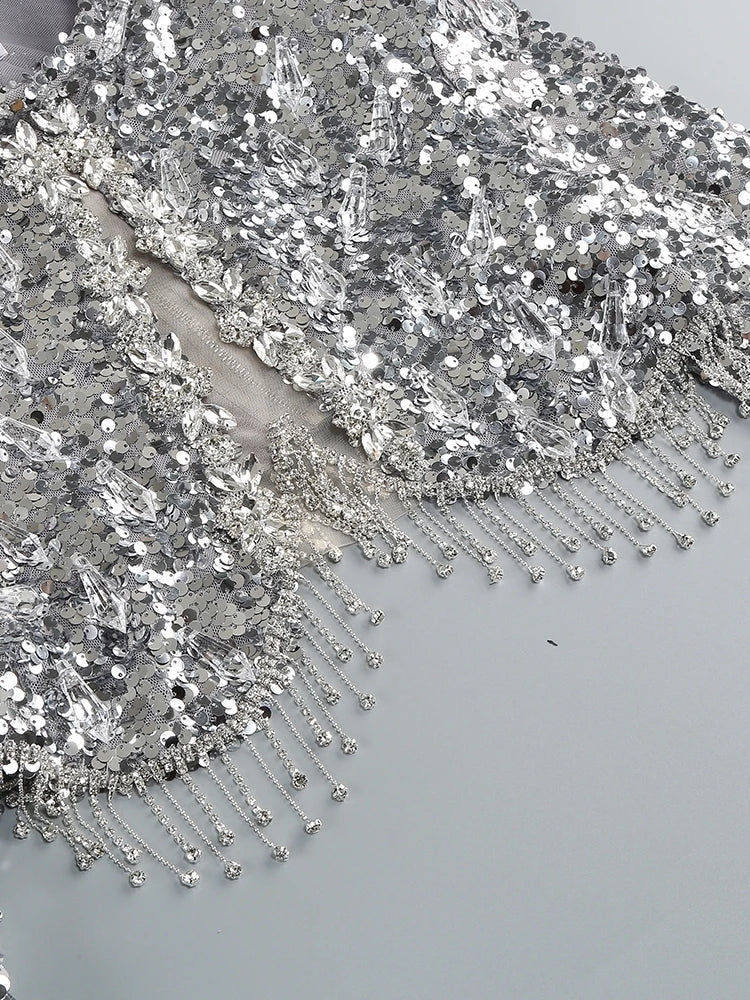two piece silver sequin dress Silver Sequin Dress - 2-Piece Dress - One-Shoulder Sequin Dress