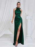 Giovanna Halter Satin High Slit Gown Dress