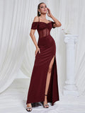 Maricia Off Shoulder Mesh Patchwork Burgundy Gown Dress