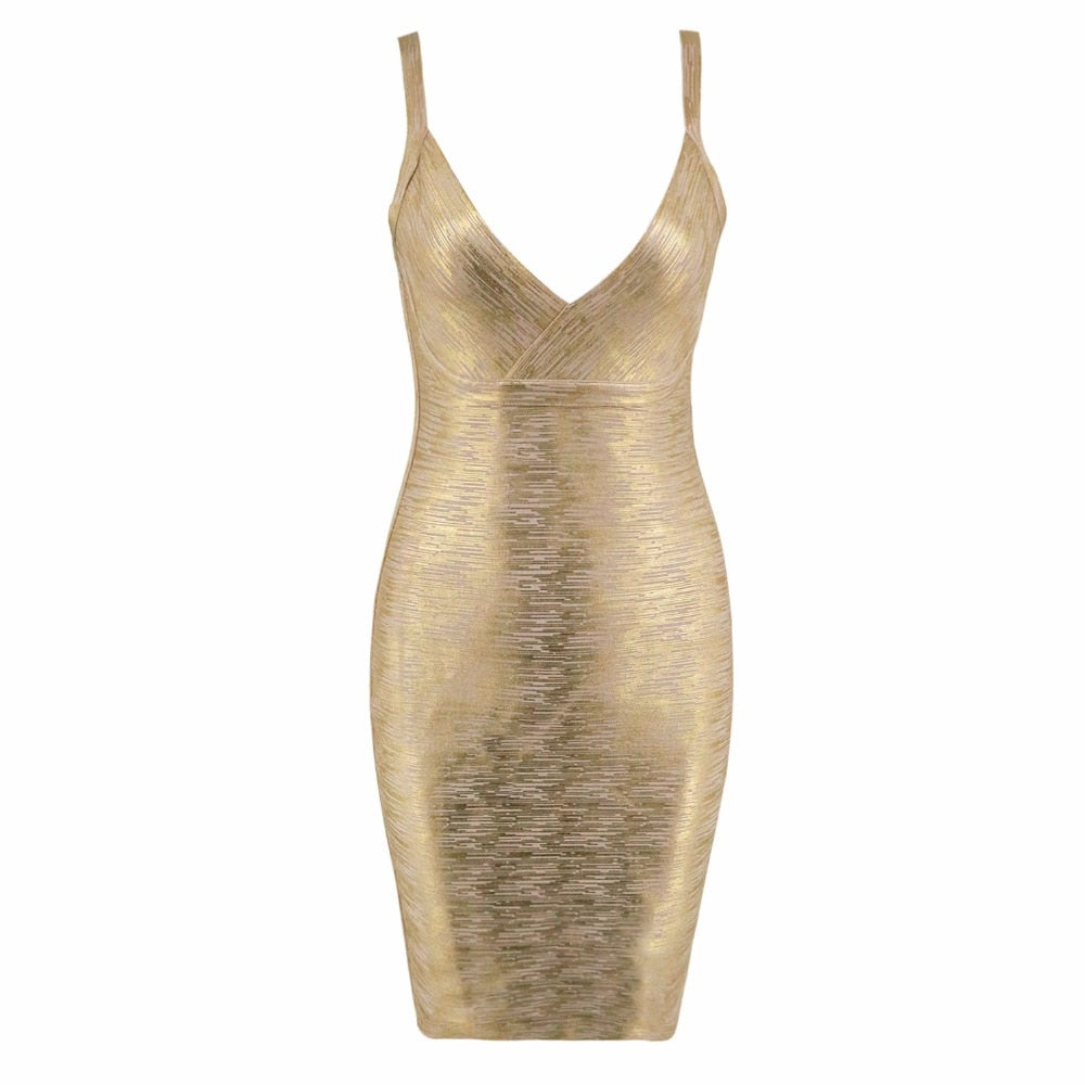 Gold - Adele - Gold V-neck Short Bandage Dress SunsetFashionLA Gold - Adele - Gold V-neck Short Bandage Dress SunsetFashionLA