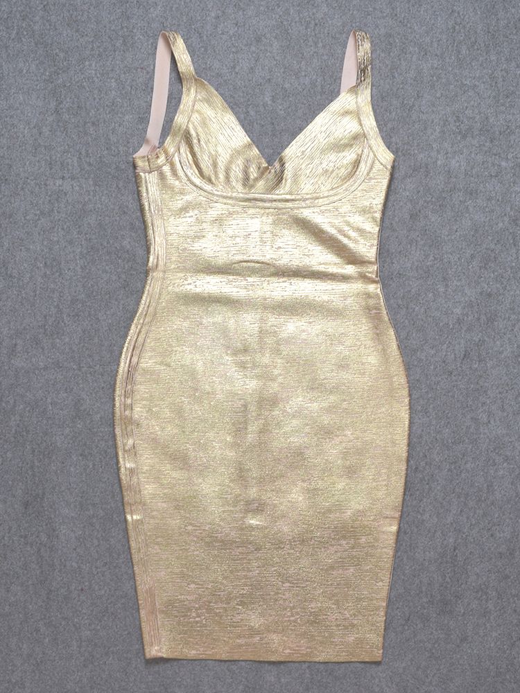 Gold - Adele - Gold V-neck Short Bandage Dress SunsetFashionLA Gold - Adele - Gold V-neck Short Bandage Dress SunsetFashionLA