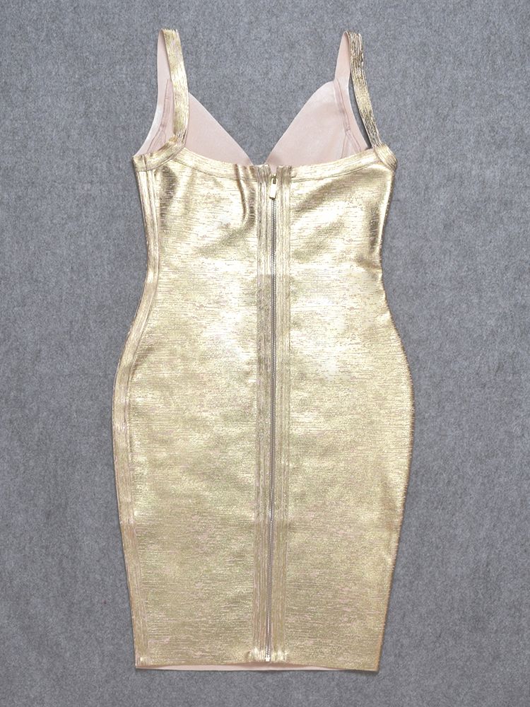 Gold - Adele - Gold V-neck Short Bandage Dress SunsetFashionLA Gold - Adele - Gold V-neck Short Bandage Dress SunsetFashionLA