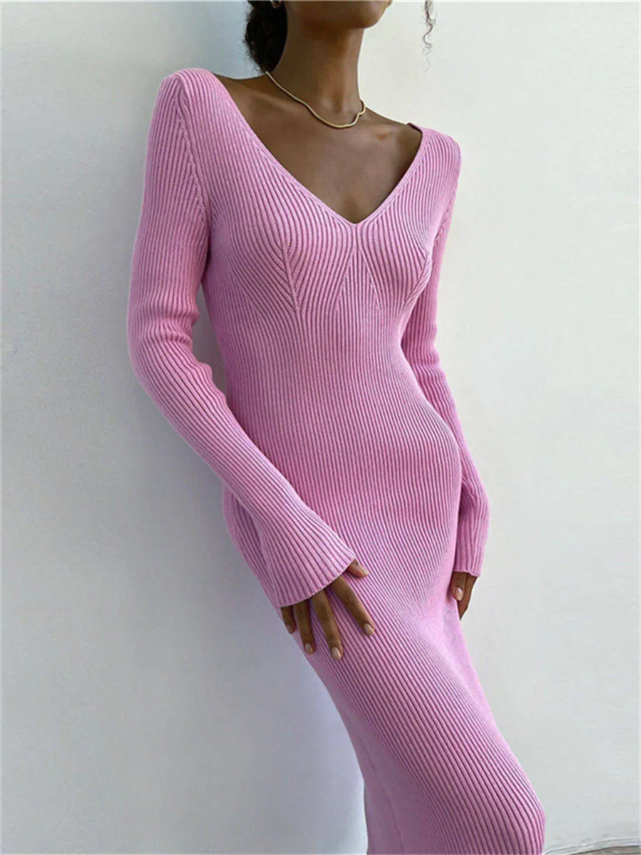 Afare Knit V-neck Sweater Dress - SunsetFashionLA