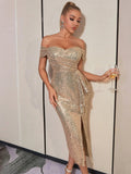 Athena Off Shoulder Gold Sequin Dress - SunsetFashionLA