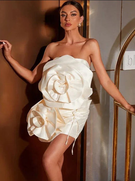 White - Princess - White Dress with Big Flower - Satin & Strapless SunsetFashionLA White - Princess - White Dress with Big Flower - Satin & Strapless SunsetFashionLA