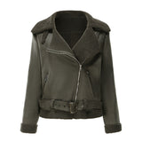 Biker Faux Shearling Sheepskin Suede Jacket with Belt - SunsetFashionLA